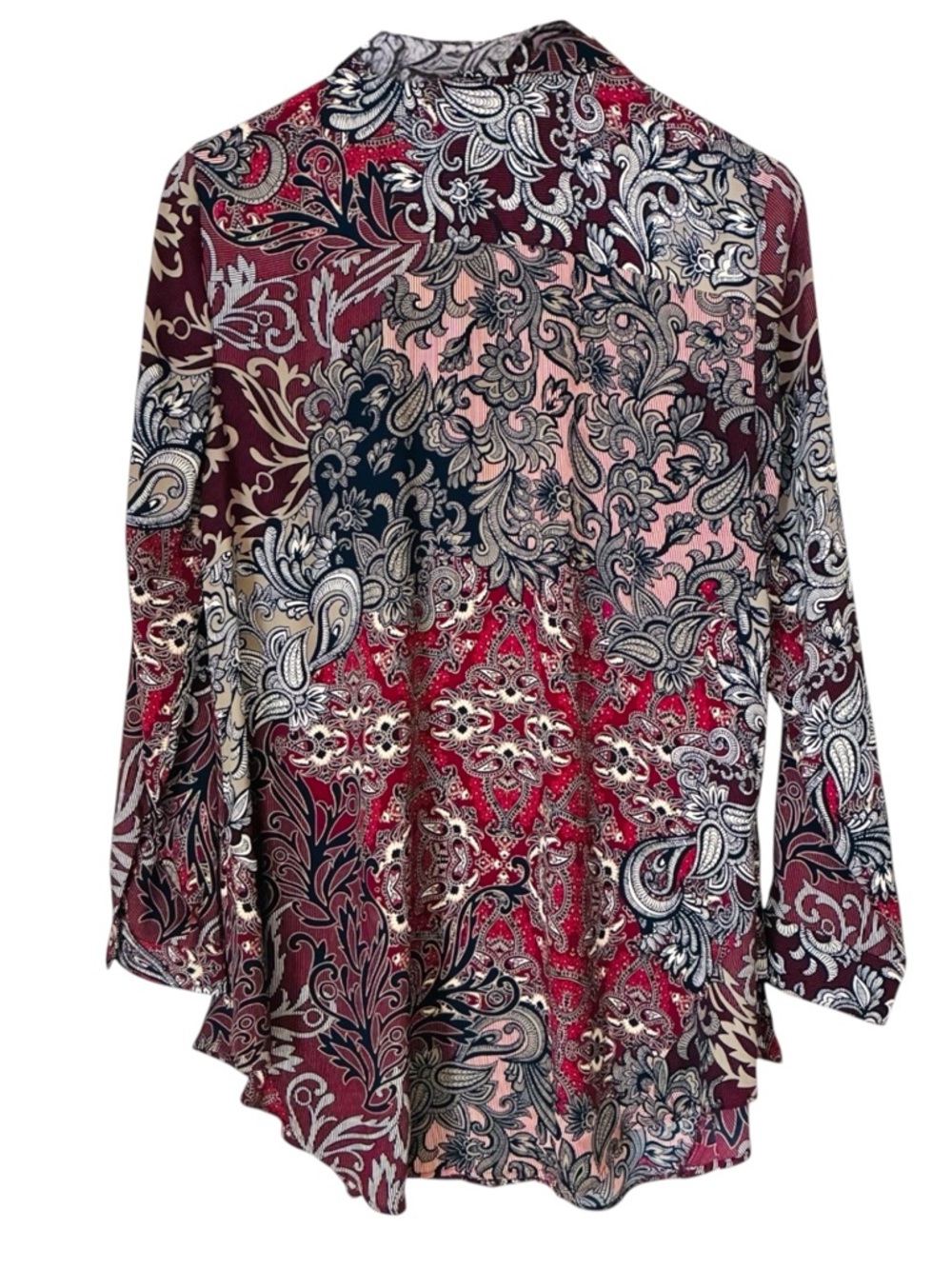 Chico's 1 Size MEDIUM Burgundy Beige Black Paisley Floral Tunic Blouse Top - Picture 8 of 9
